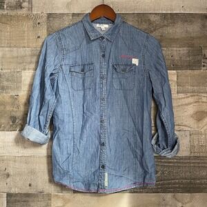 Silver Jeans Co Outdoor‎ Button Front Girls Size L Blue Chambray Denim Roll Tab